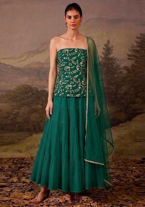 Green Embroidered Crepe Lehenga Set