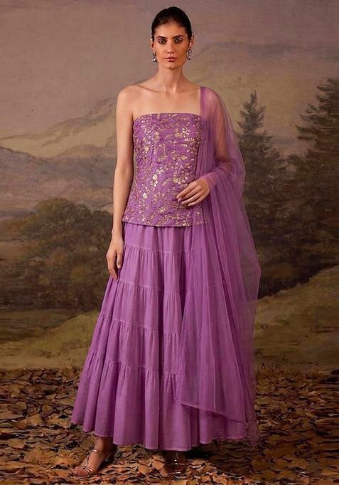 Lilac Purple Embroidered Crepe Lehenga Set