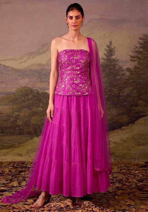 Magenta Pink Embroidered Crepe Lehenga Set