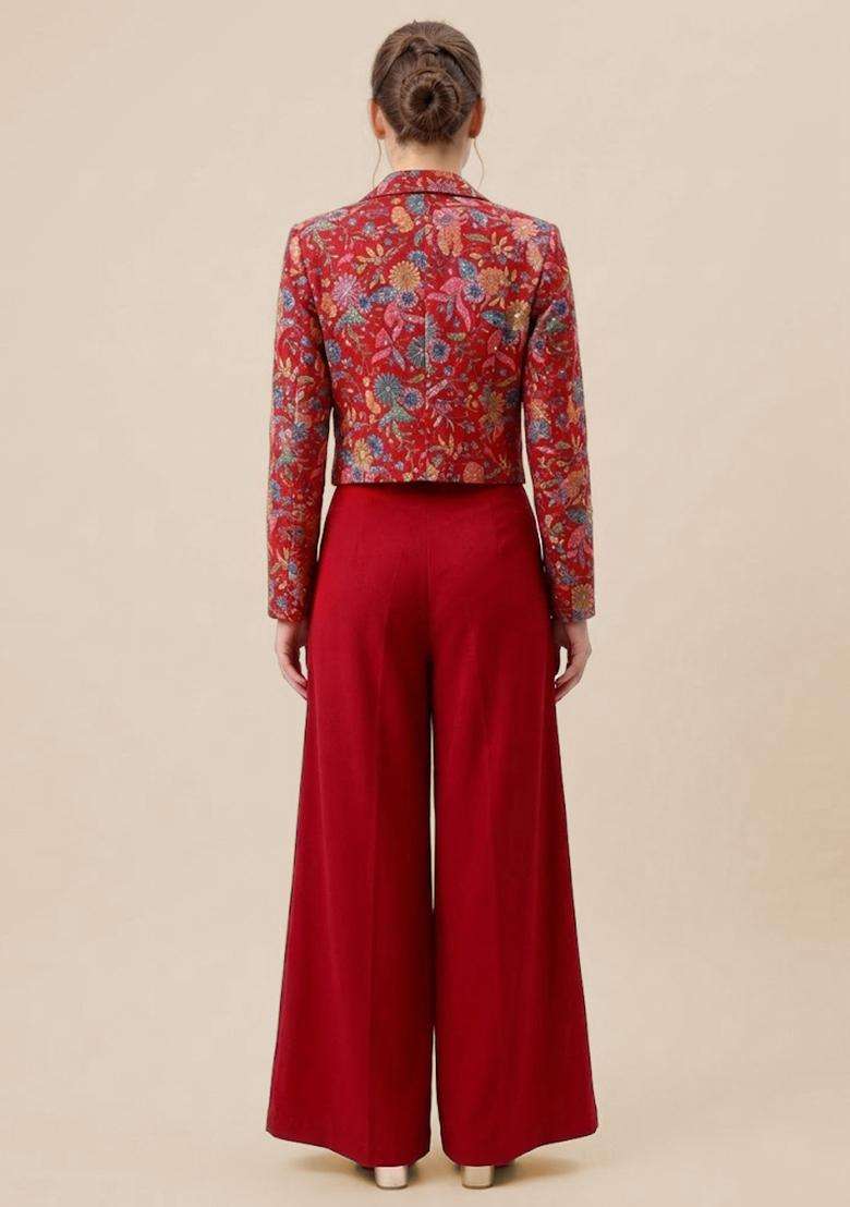 Ruby Red Printed Crepe Fusion Set for Diwali and Festive Wear - Indya