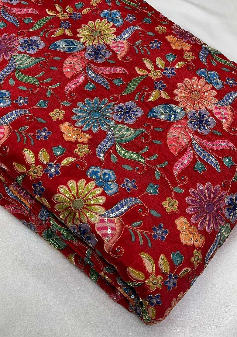 Ruby Red Printed Crepe Fusion Set for Diwali and Festive Wear - Indya