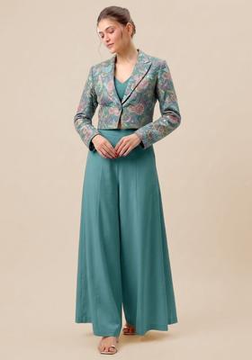 Aqua Blue Printed Crepe Fusion Set