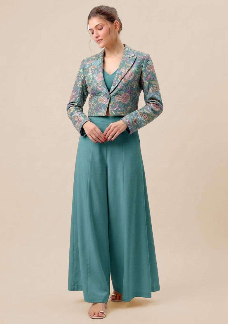 Aqua Blue Printed Crepe Fusion Set for Diwali and Festive Wear - Indya
