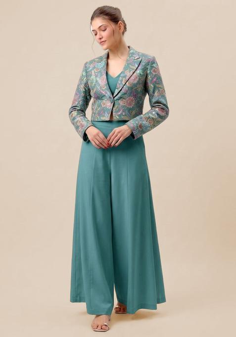 Aqua Blue Printed Crepe Fusion Set