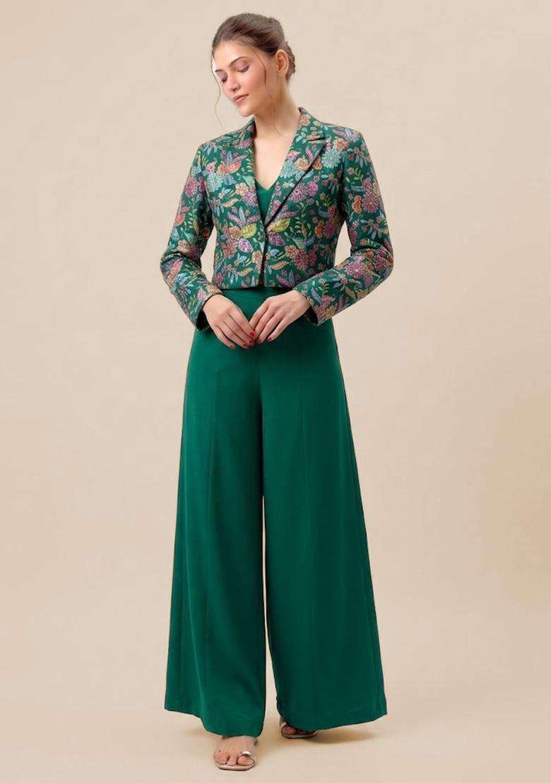 Emerald Green Printed Crepe Fusion Set for Diwali and Festive Wear - Indya