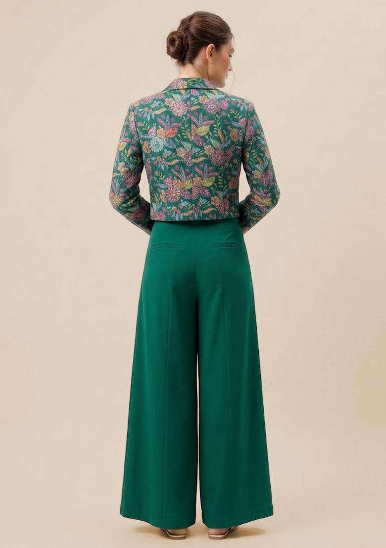 Emerald Green Printed Crepe Fusion Set for Diwali and Festive Wear - Indya