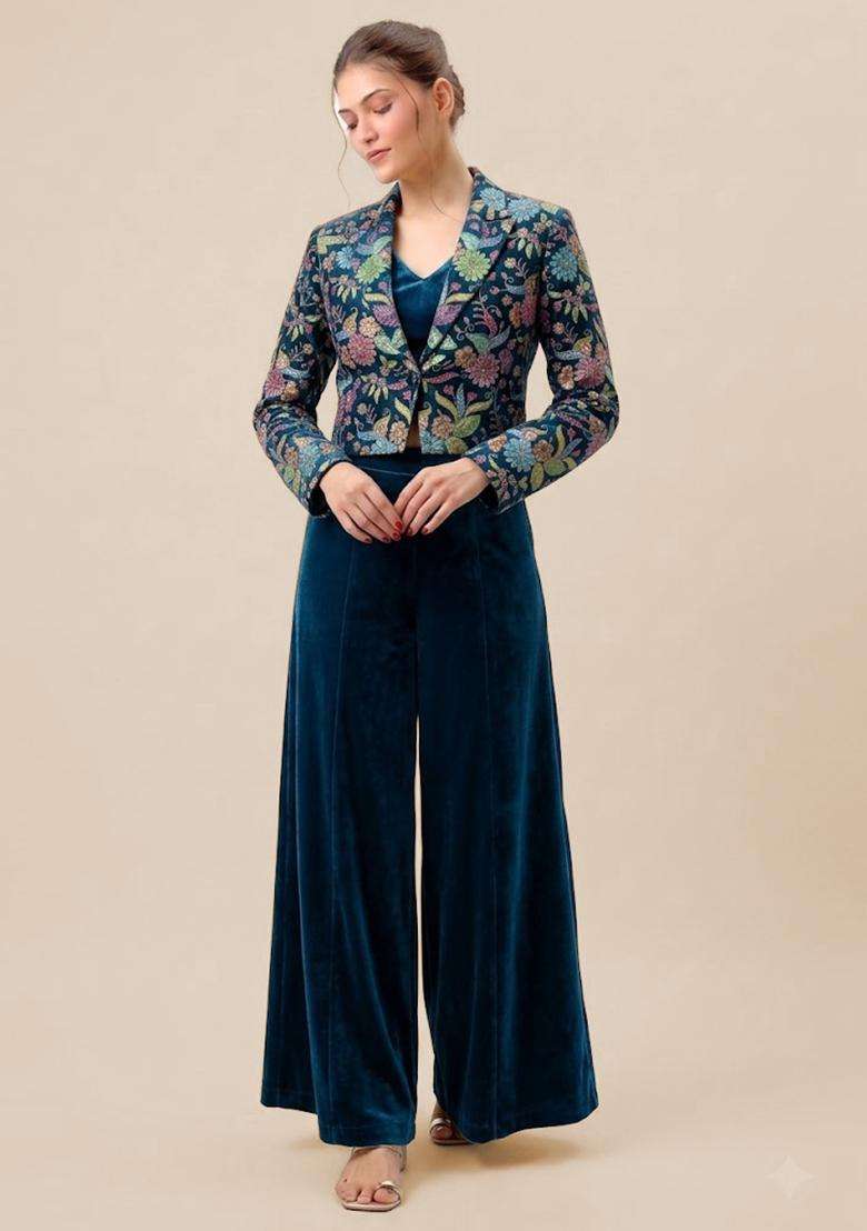 Royal Blue Printed Crepe Fusion Set - Indya