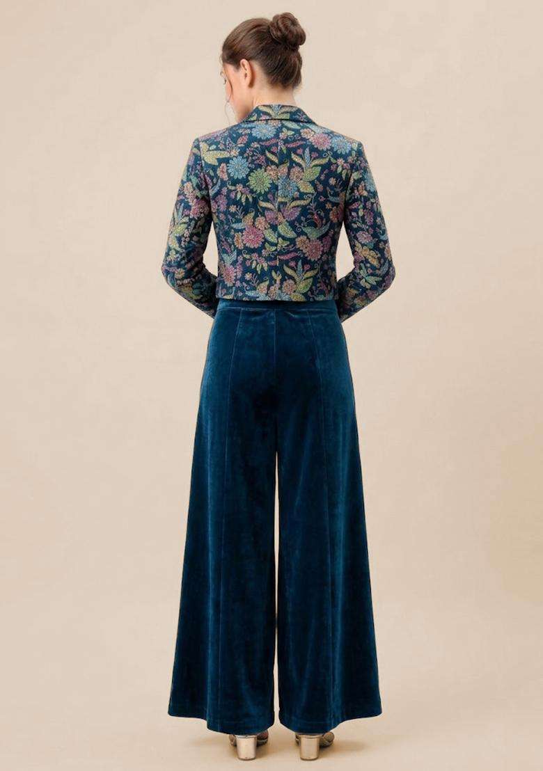 Royal Blue Printed Crepe Fusion Set - Indya