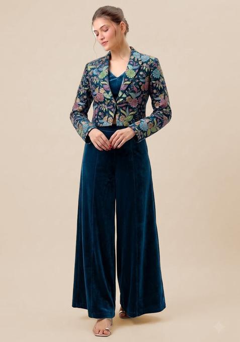 Royal Blue Printed Crepe Fusion Set