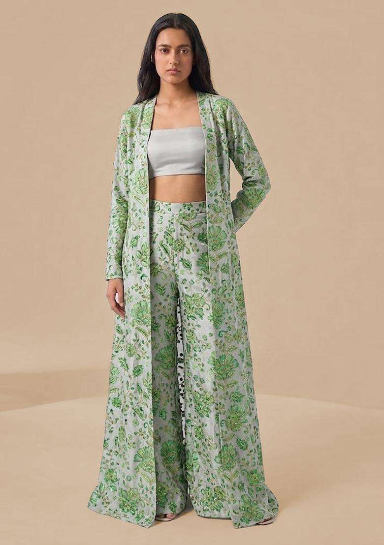Mint Green Printed Crepe Fusion Set - Indya