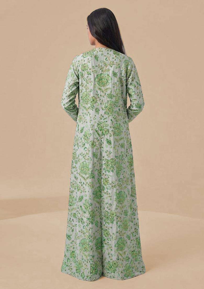 Mint Green Printed Crepe Fusion Set - Indya