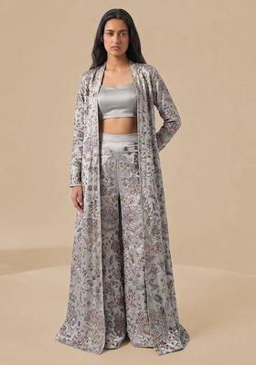 Silver Grey Printed Crepe Fusion Set