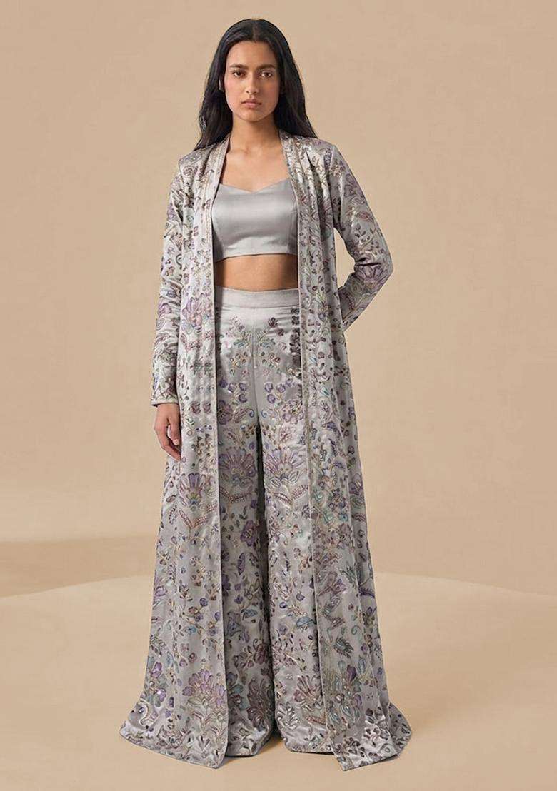 Silver Grey Printed Crepe Fusion Set - Indya