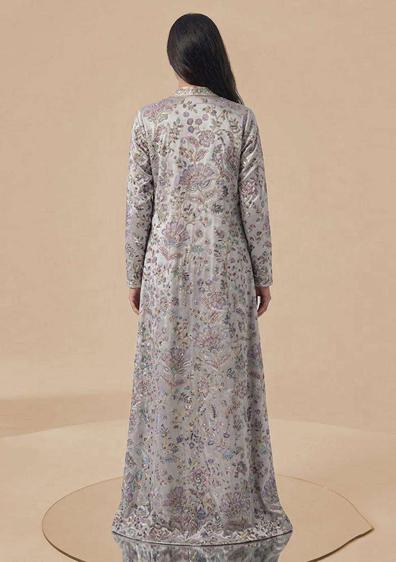 Silver Grey Printed Crepe Fusion Set - Indya