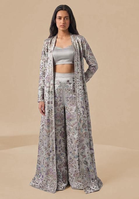 Silver Grey Printed Crepe Fusion Set