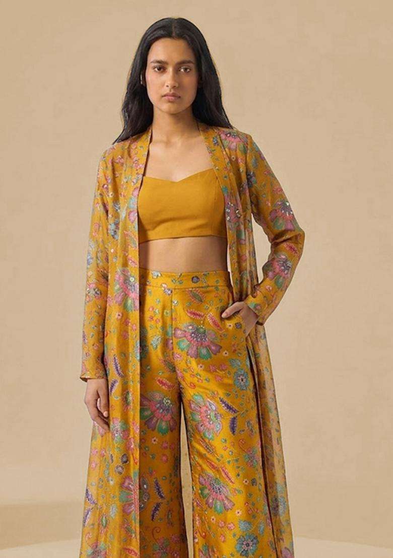 Mustard Printed Crepe Fusion Set - Indya