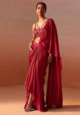Crimson Red Embroidered Crepe Pre Draped Saree Set