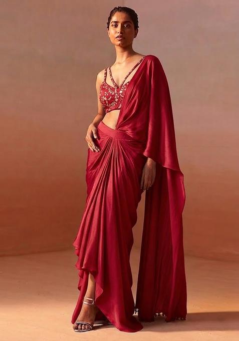 Crimson Red Embroidered Crepe Pre Draped Saree Set
