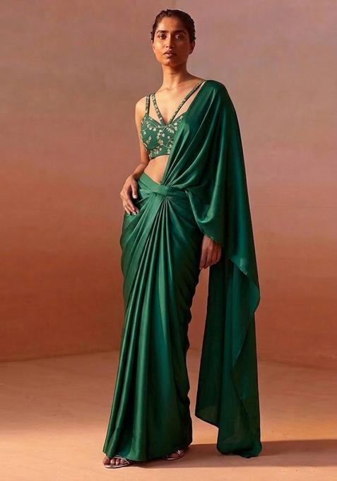 Bottle Green Embroidered Crepe Pre Draped Saree Set