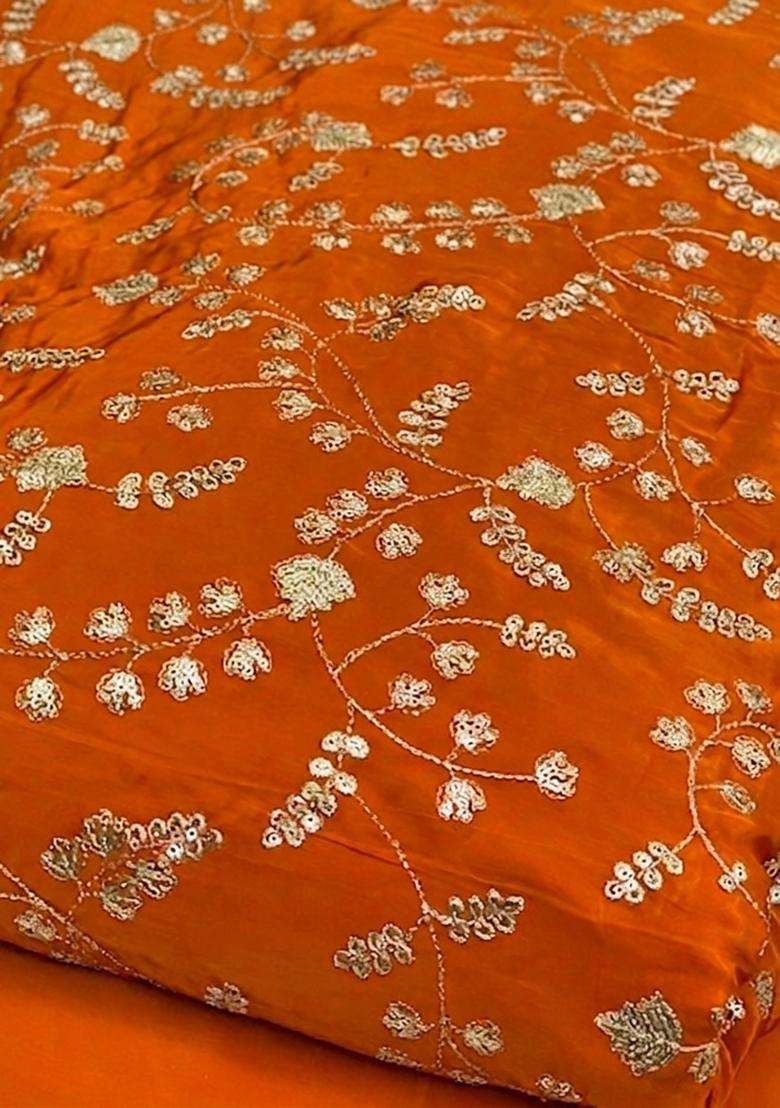 Orange Embroidered Crepe Pre Draped Saree Set - Indya