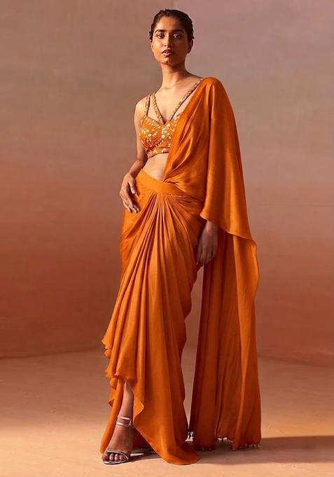 Orange Embroidered Crepe Pre Draped Saree Set