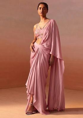 Dusty Rose Embroidered Crepe Pre Draped Saree Set