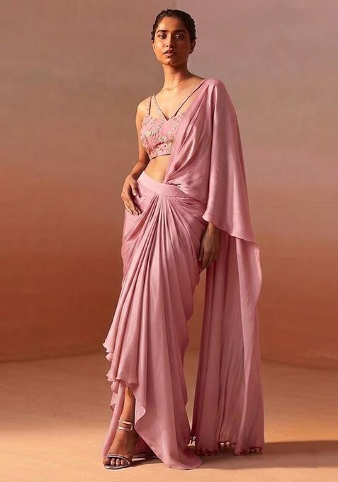 Dusty Rose Embroidered Crepe Pre Draped Saree Set
