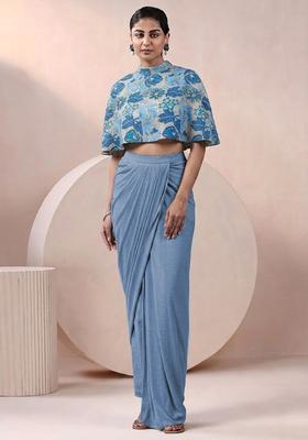 Blue Printed Crepe Fusion Set