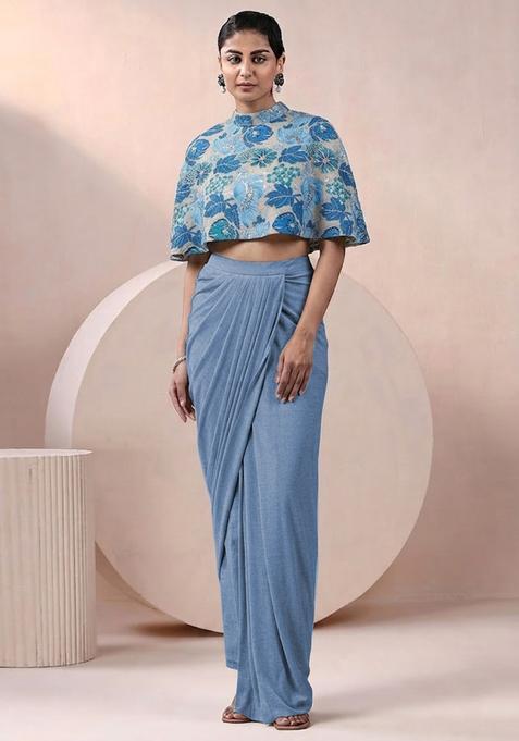 Blue Printed Crepe Fusion Set