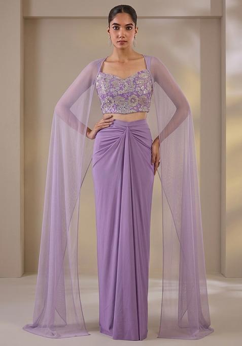 Lavender Purple Printed Crepe Fusion Set