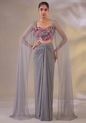 Steel Grey Printed Georgette Fusion Set