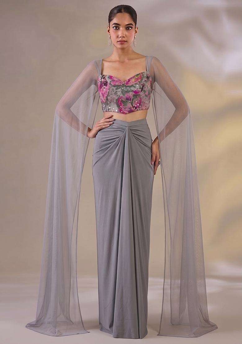 Steel Grey Printed Georgette Fusion Set - Indya