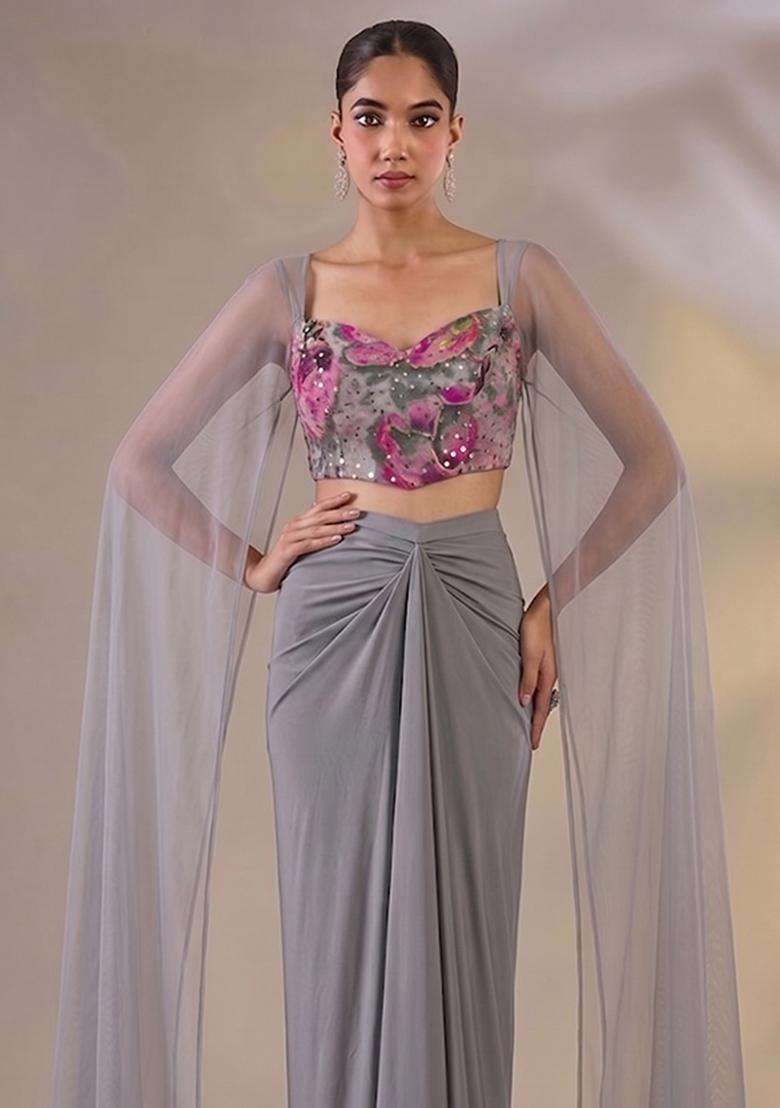 Steel Grey Printed Georgette Fusion Set - Indya