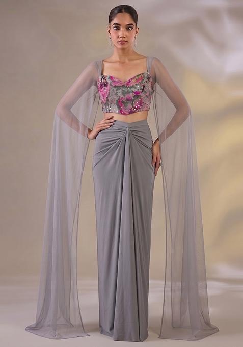 Steel Grey Printed Georgette Fusion Set