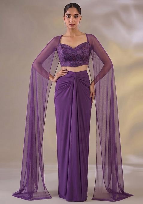 Deep Violet Printed Organza Fusion Set