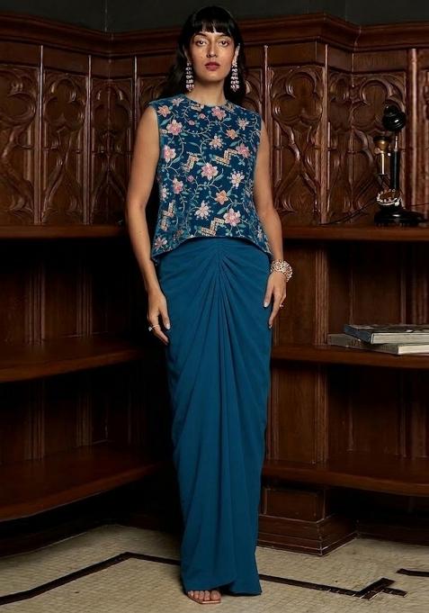 Blue Printed Crepe Fusion Set
