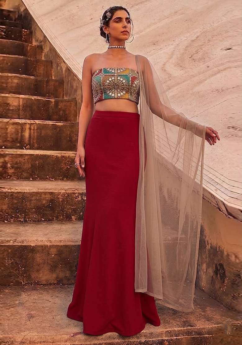 Multicolor Mirror Net Lehenga Set - Indya