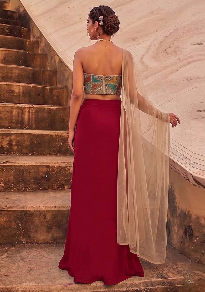 Multicolor Mirror Net Lehenga Set - Indya