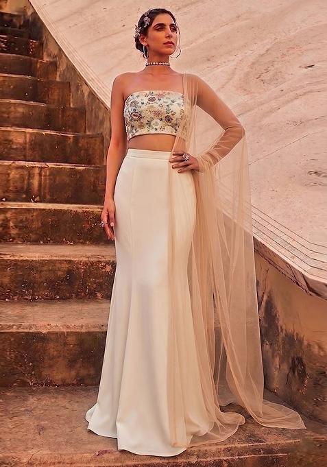 Ivory White Embroidered Net Lehenga Set