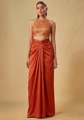 Rust Orange Embroidered Georgette Fusion Set