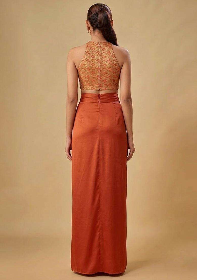 Rust Orange Embroidered Georgette Fusion Set for Diwali and Festive Wear - Indya