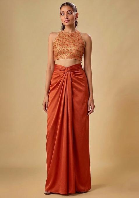 Rust Orange Embroidered Georgette Fusion Set
