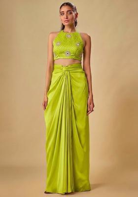 Lime Green Printed Crepe Fusion Set