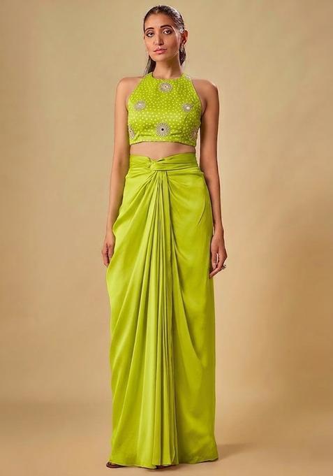 Lime Green Printed Crepe Fusion Set