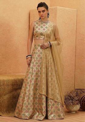 Antique Gold Zari Silk Lehenga Set