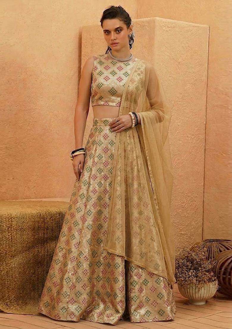 Antique Gold Zari Silk Blend Lehenga Set for Diwali | Wedding & Festive Wear - Indya