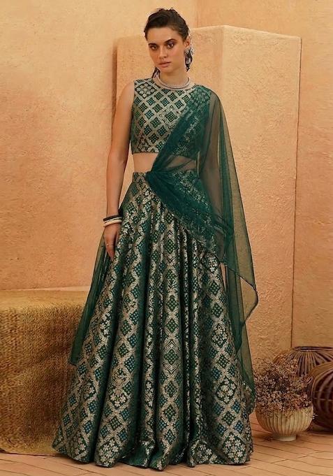 Bottle Green Zari Silk Lehenga Set
