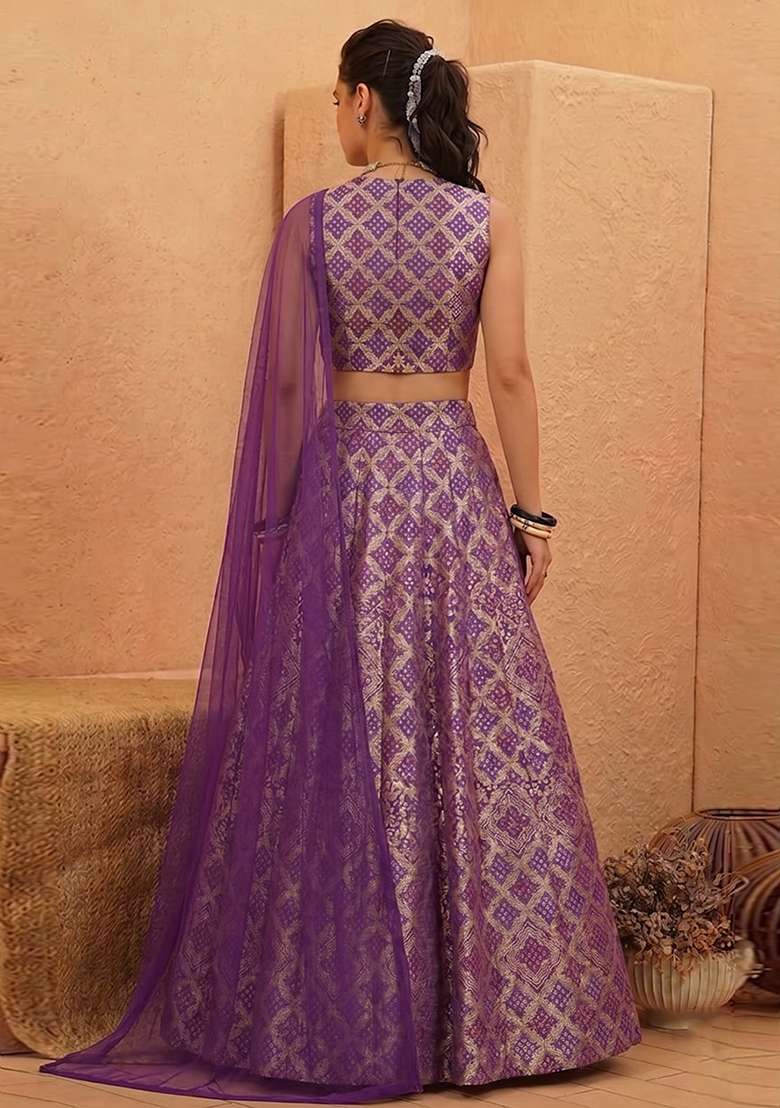Violet Purple Printed Crepe Lehenga Set for Diwali and Festive Wear - Indya