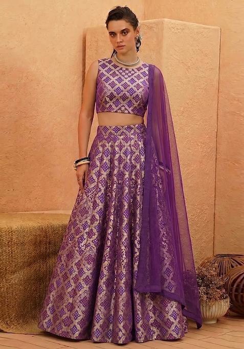 Violet Purple Printed Crepe Lehenga Set