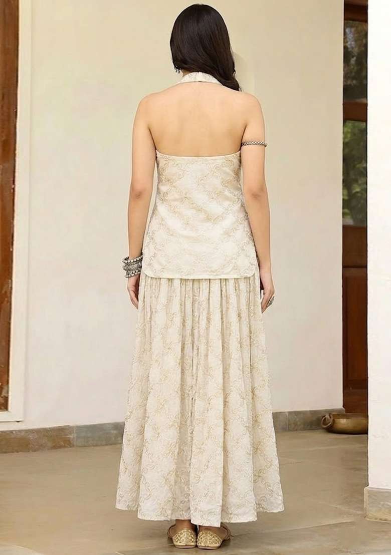 Ivory Zari Embroidered Chanderi Sharara Set - Indya